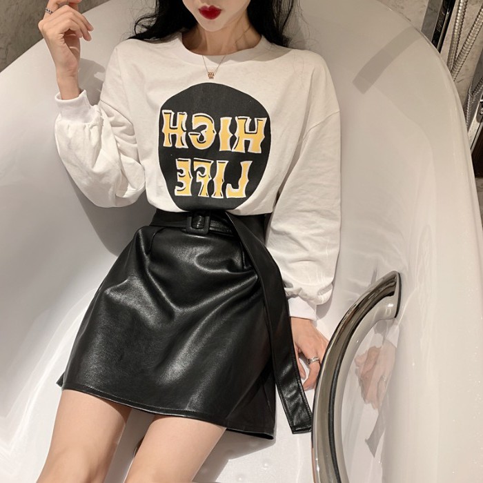 Graphic Long Sleeve Tee & Faux Leather Mini Skirt Set