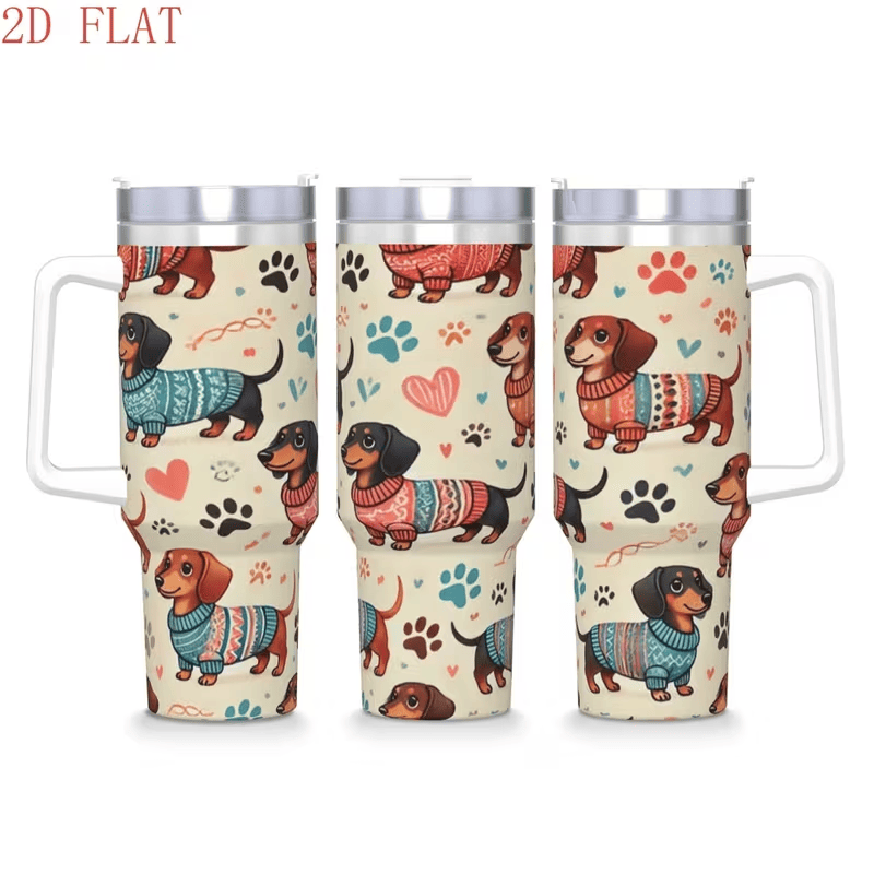 Dachshund Tumbler With Handle — Sweater Dog Print Travel Cup