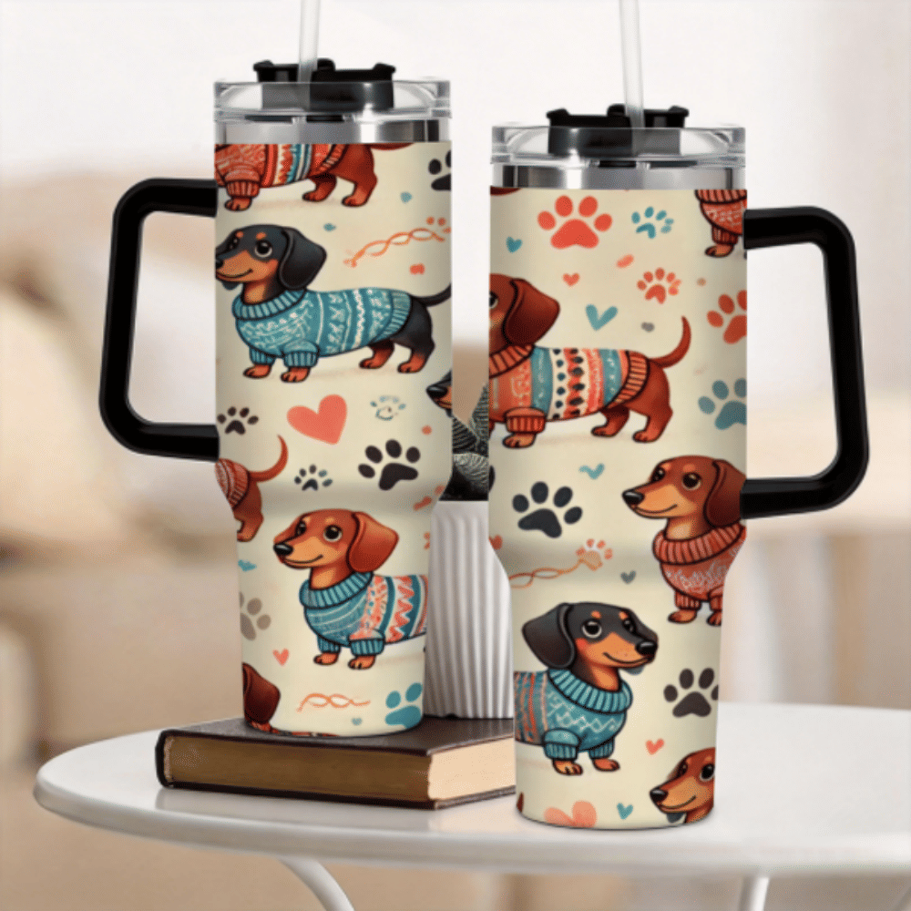 Dachshund Tumbler With Handle — Sweater Dog Print Travel Cup, view 2