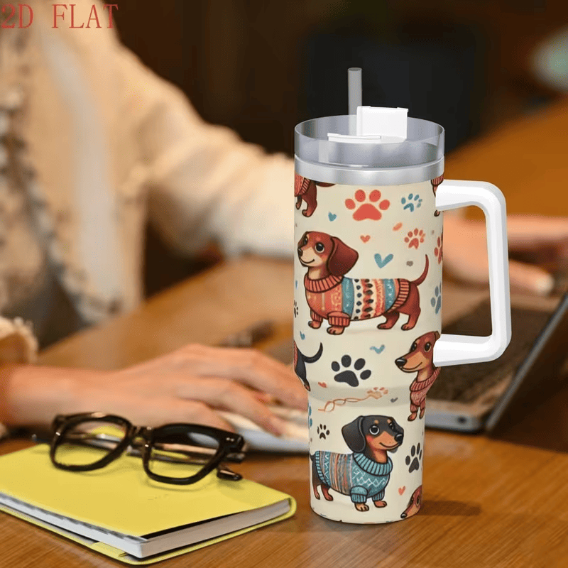 Dachshund Tumbler With Handle — Sweater Dog Print Travel Cup, view 3