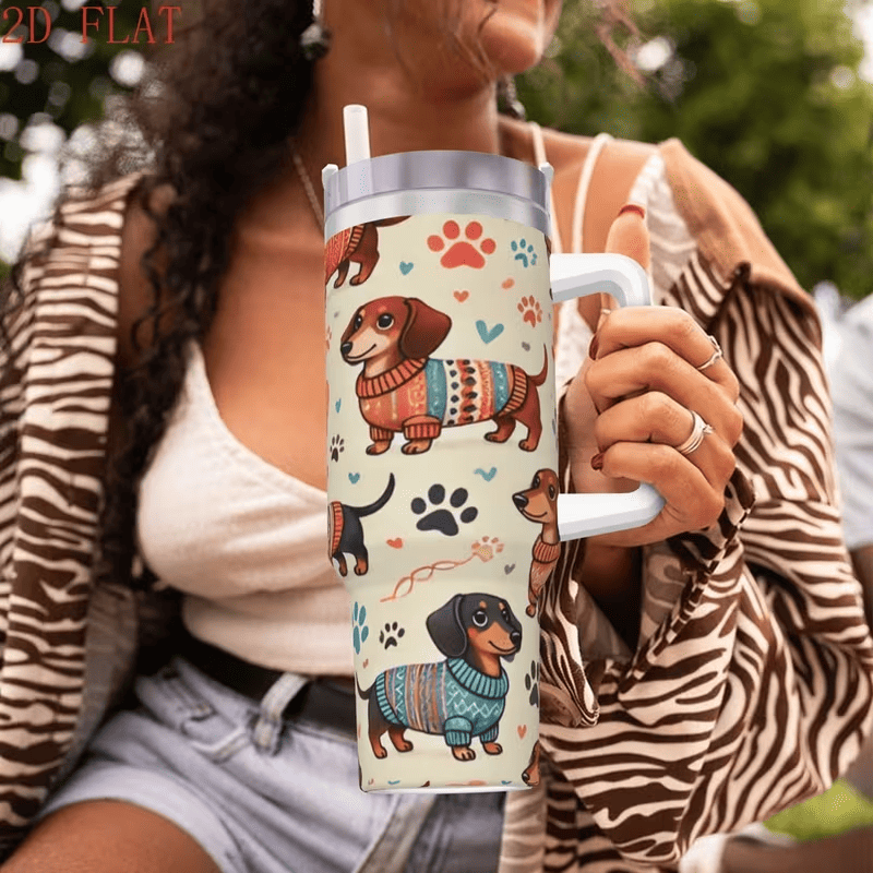 Dachshund Tumbler With Handle — Sweater Dog Print Travel Cup, view 4