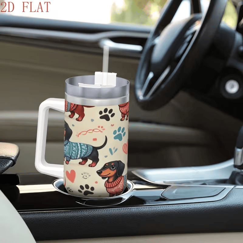 Dachshund Tumbler With Handle — Sweater Dog Print Travel Cup, view 5