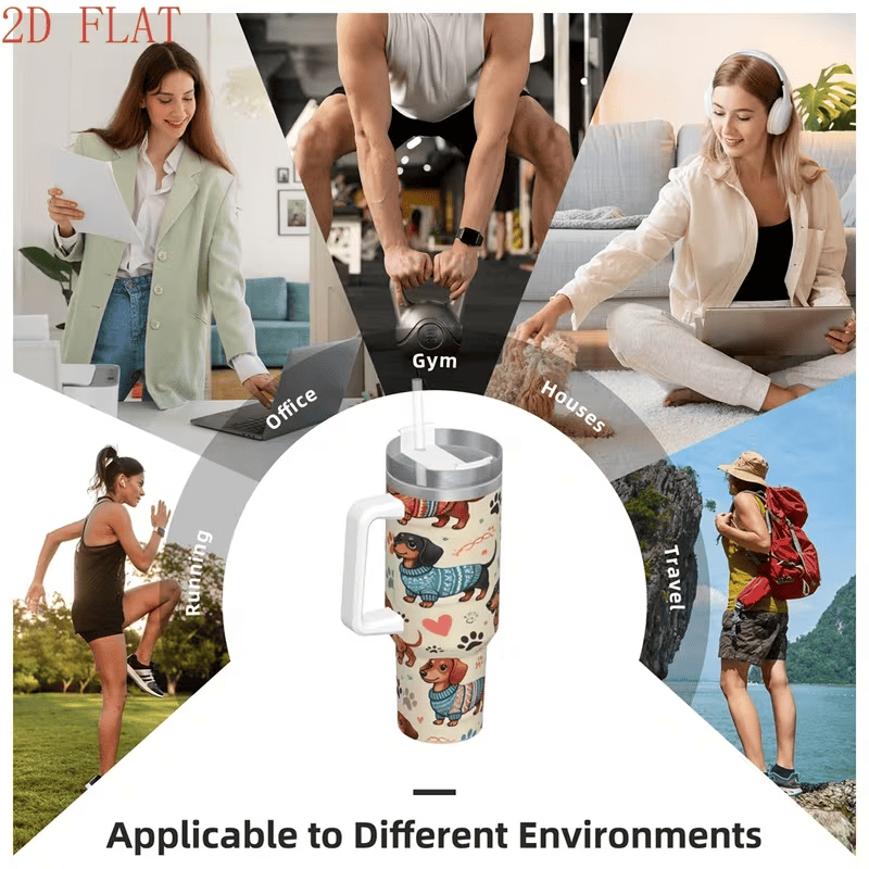 Dachshund Tumbler With Handle — Sweater Dog Print Travel Cup, view 6