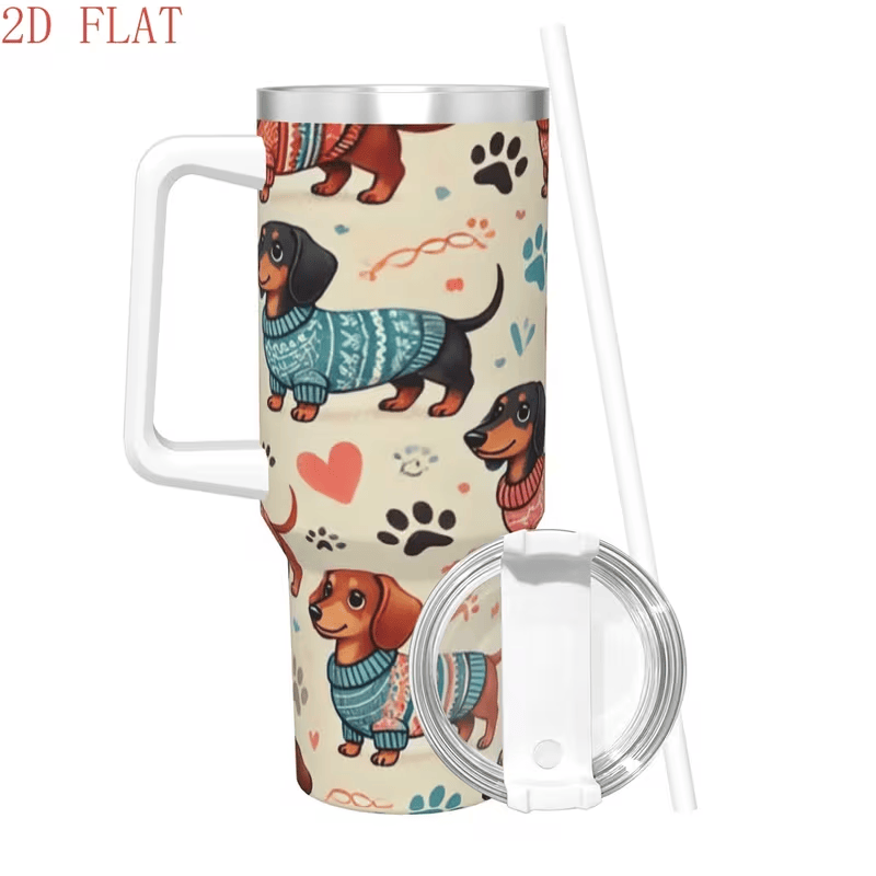 Dachshund Tumbler With Handle — Sweater Dog Print Travel Cup, view 7