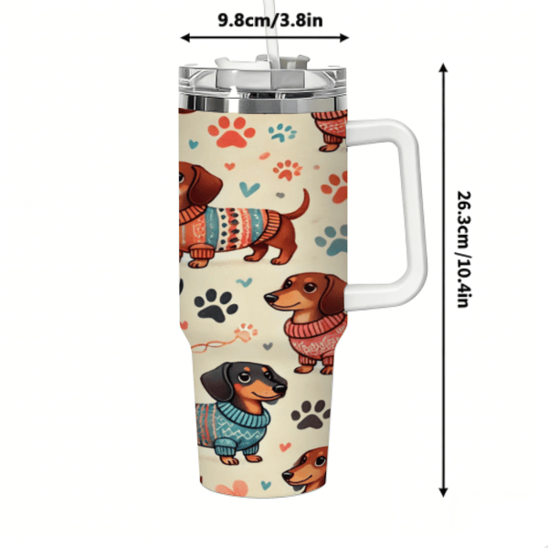 Dachshund Tumbler With Handle — Sweater Dog Print Travel Cup, view 8