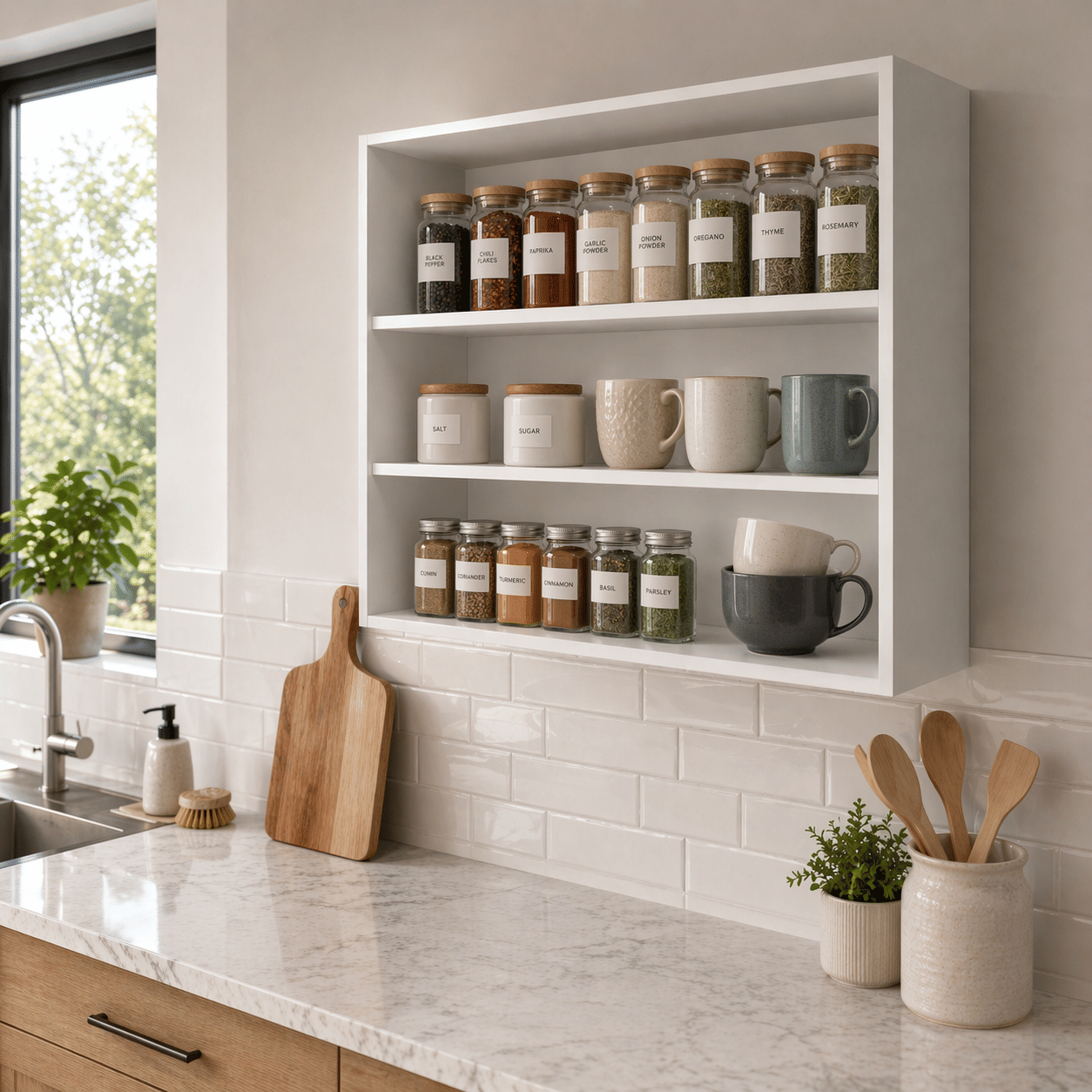 White Wall-Mounted Kitchen Cabinet — 3-Shelf Open Melamine Storage