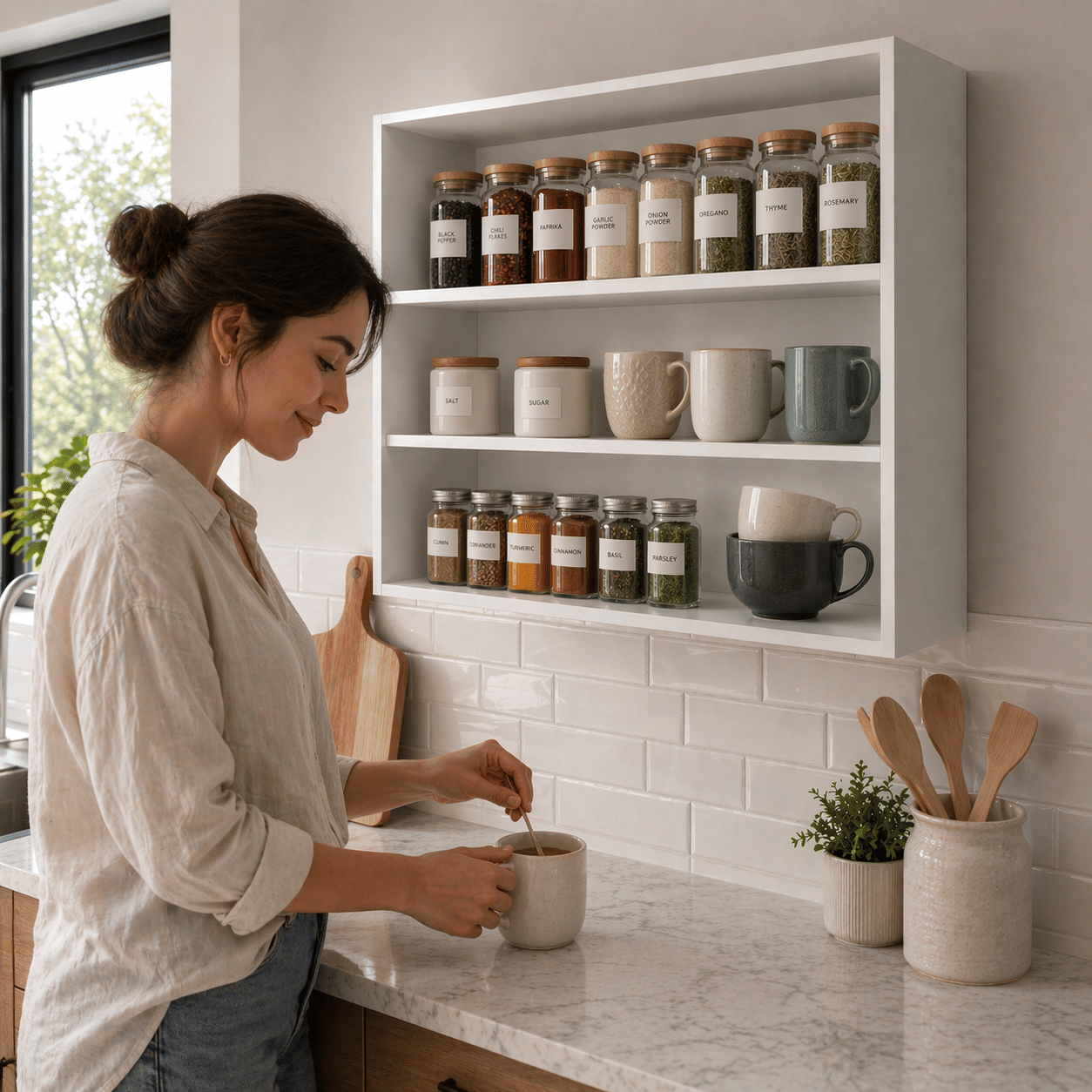White Wall-Mounted Kitchen Cabinet — 3-Shelf Open Melamine Storage, view 3