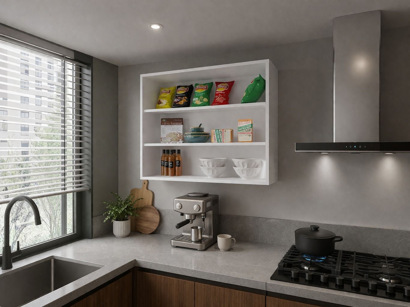 White Wall-Mounted Kitchen Cabinet — 3-Shelf Open Melamine Storage, view 4