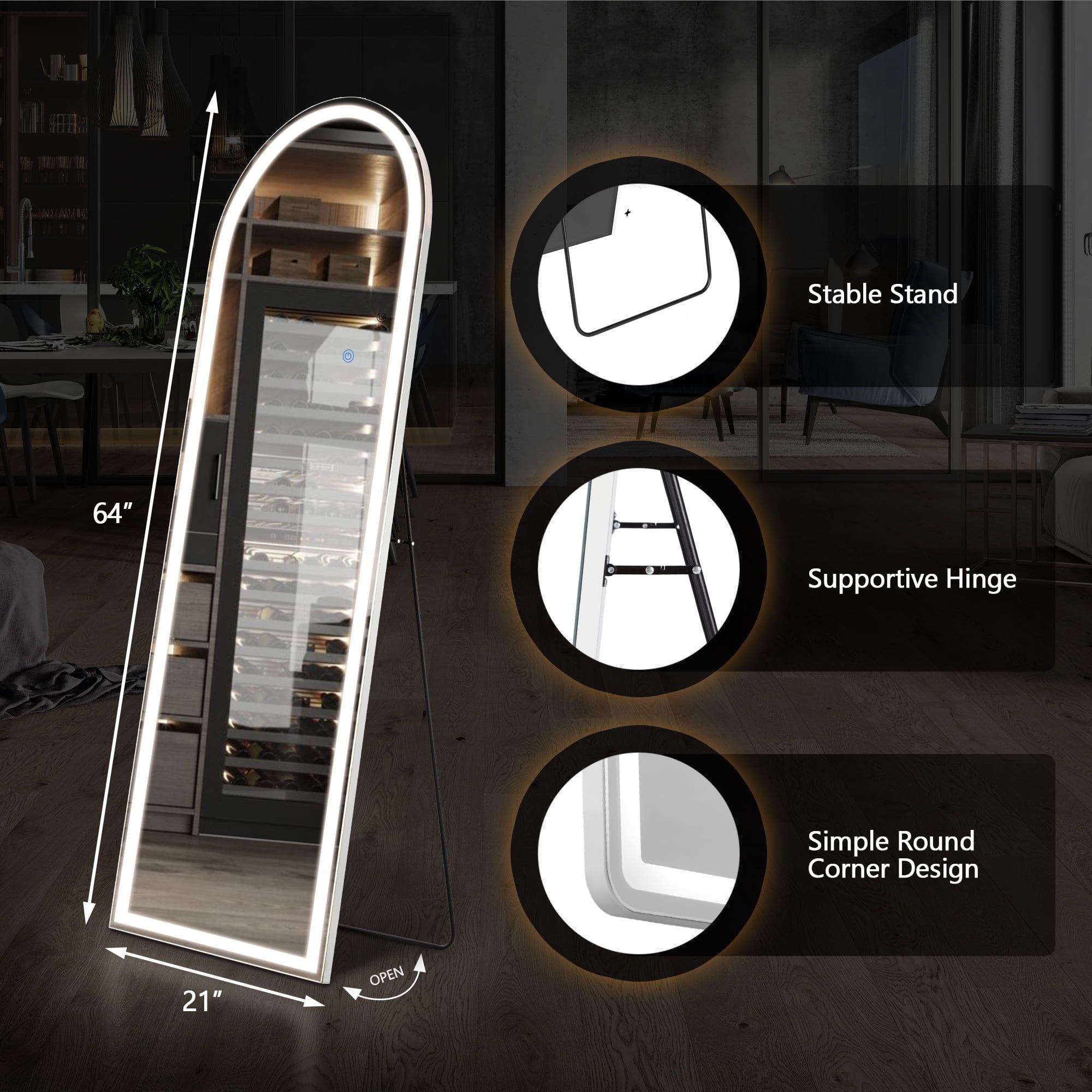 64" x 21" LED Arched Floor Mirror with Aluminum Frame & Touch Dimmer, view 3