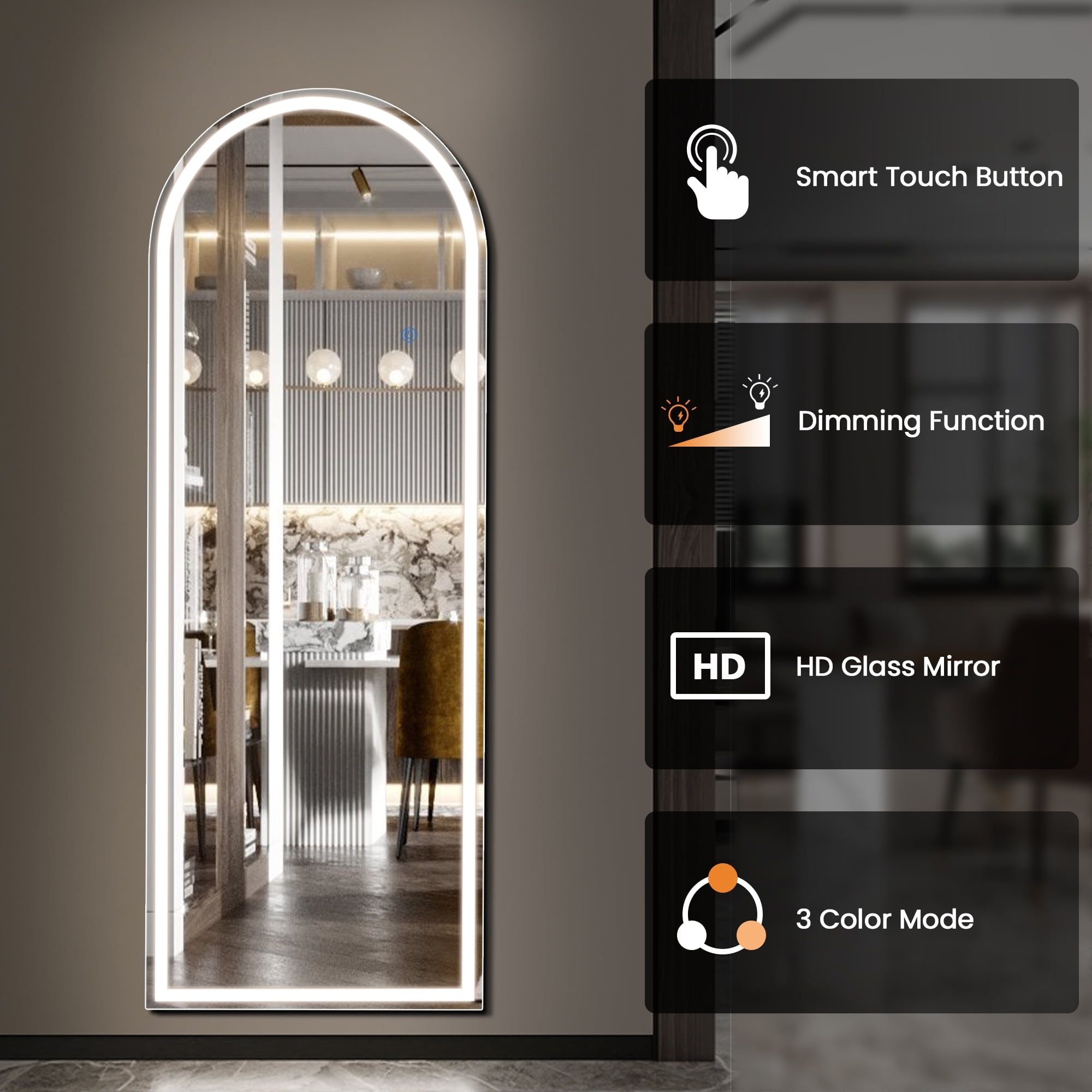 64" x 21" LED Arched Floor Mirror with Aluminum Frame & Touch Dimmer, view 4