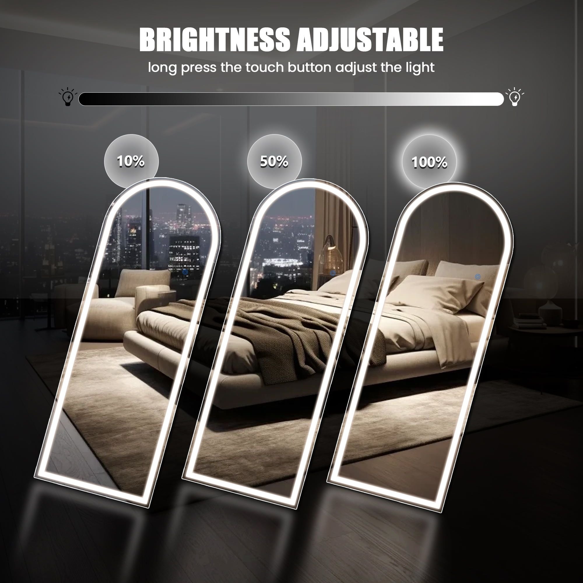 64" x 21" LED Arched Floor Mirror with Aluminum Frame & Touch Dimmer, view 5
