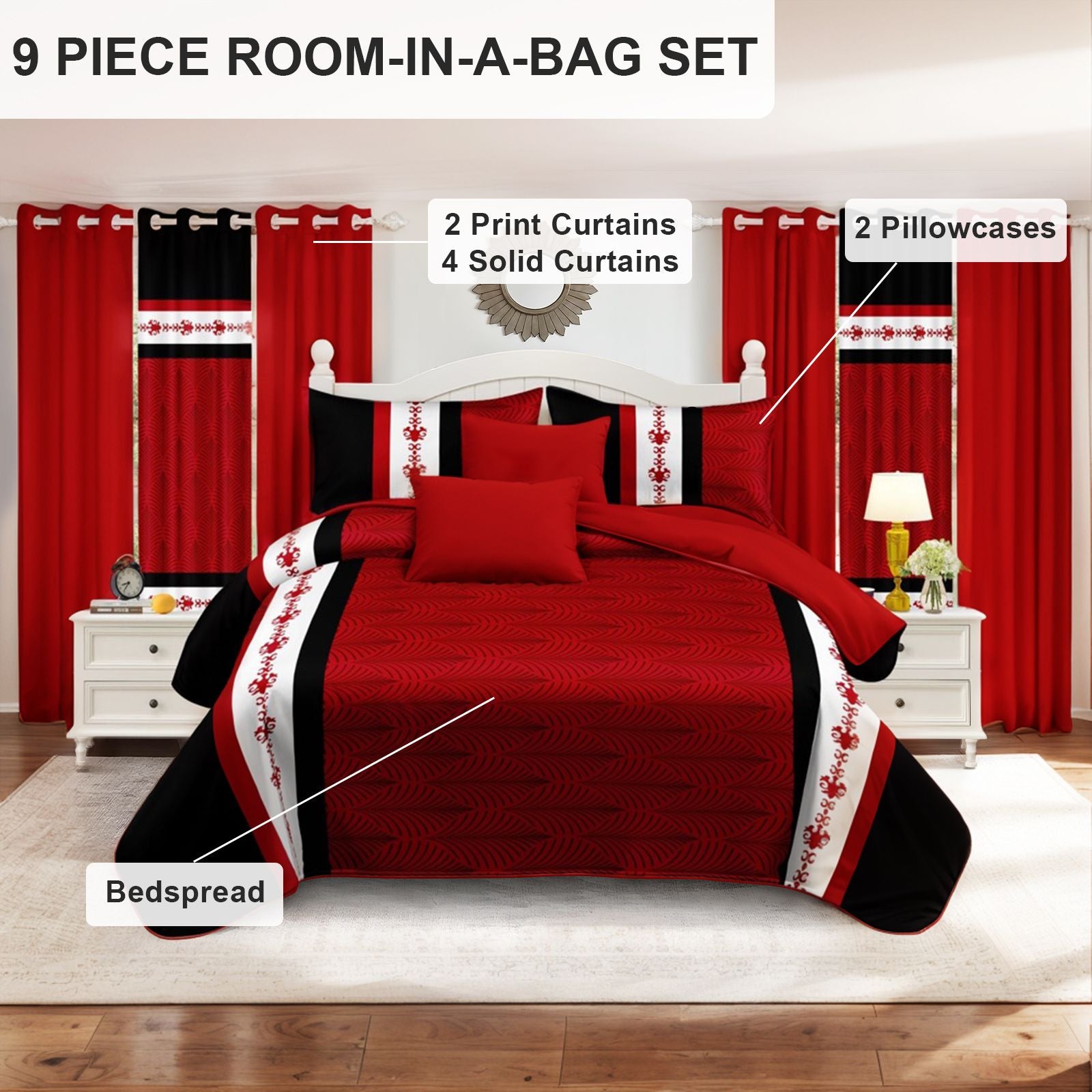 Bold Red & Black 9-Piece Bedspread and Curtain Set, view 2