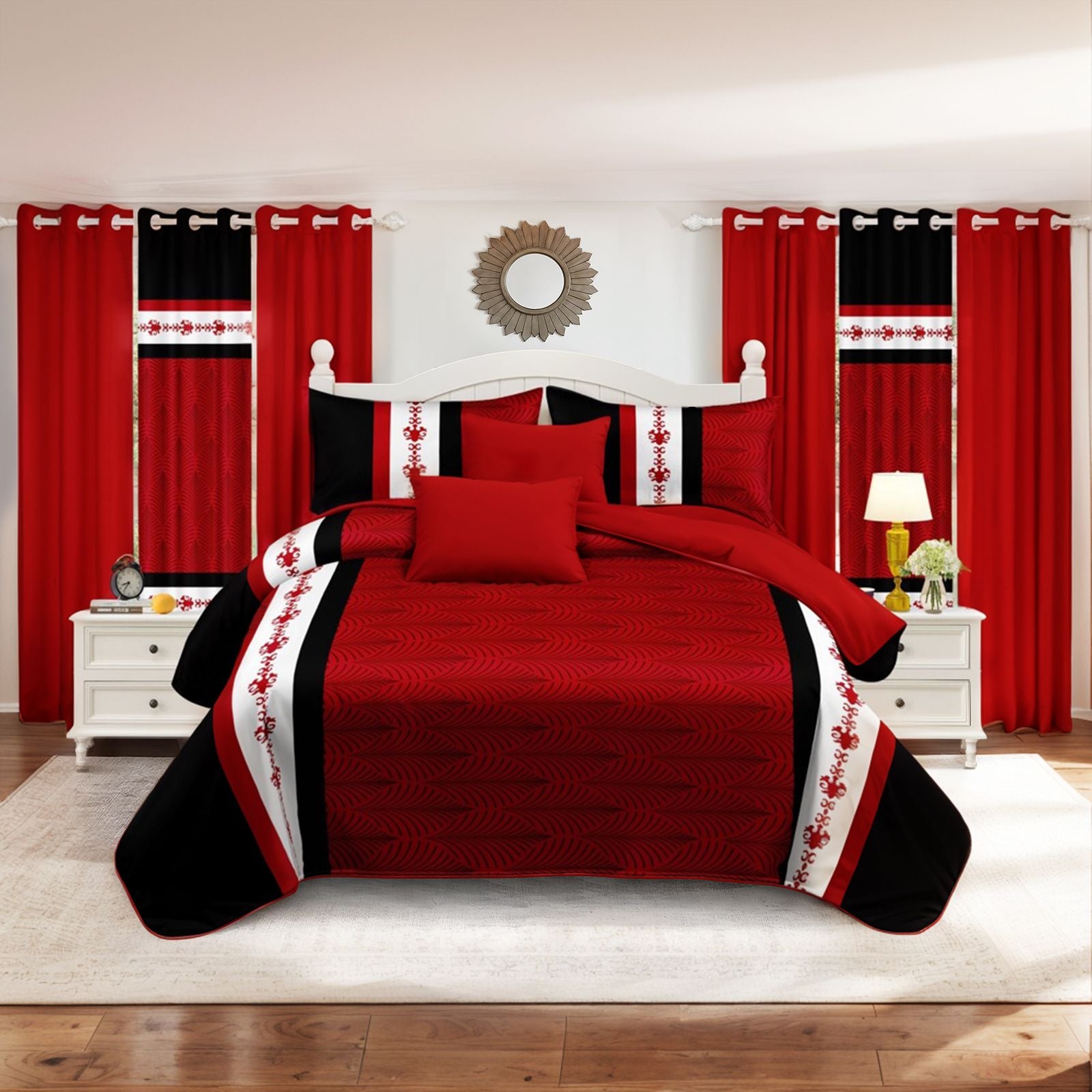 Bold Red & Black 9-Piece Bedspread and Curtain Set, view 5