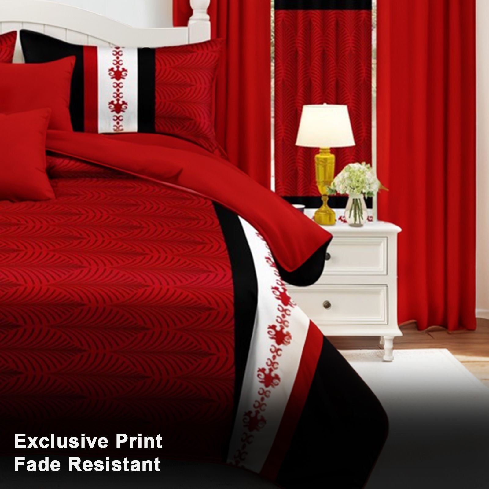 Bold Red & Black 9-Piece Bedspread and Curtain Set, view 7