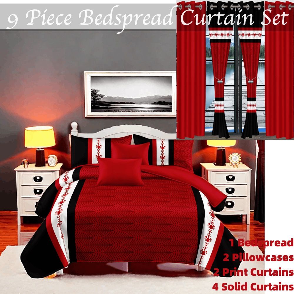 Bold Red & Black 9-Piece Bedspread and Curtain Set