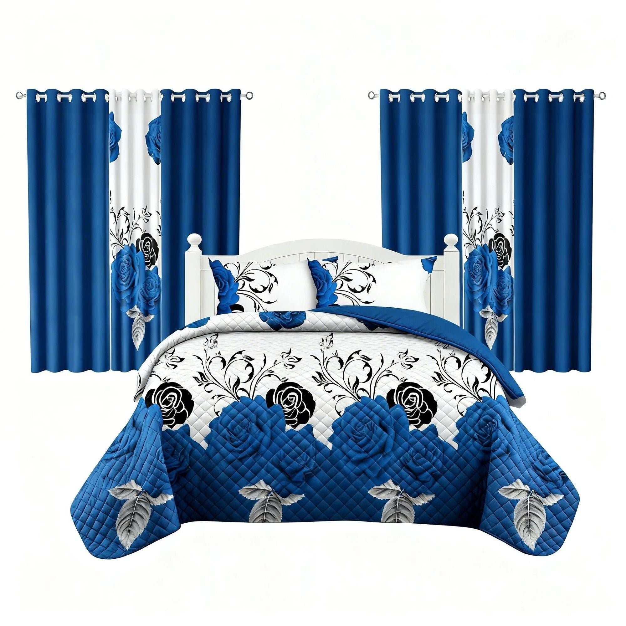 Blue Rose 9-Piece Bedspread & Curtain Set — Queen/King/Cal King