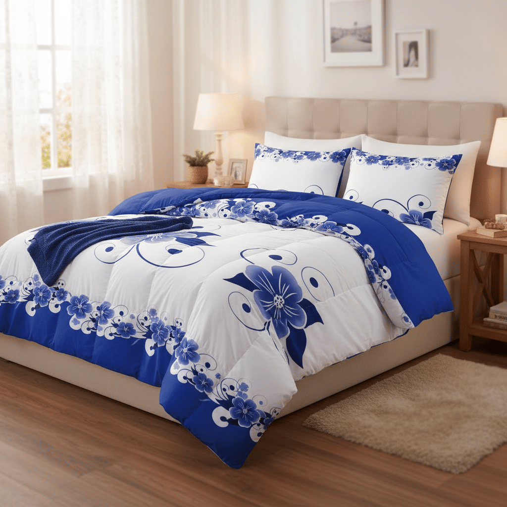 Blue & White Floral Duvet Cover Set — 3 Piece Microfiber, view 8