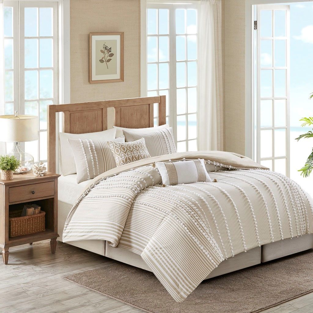 Embroidered Oblong Throw Pillow 12x20" — Taupe Bands, Tassel Corners, view 2