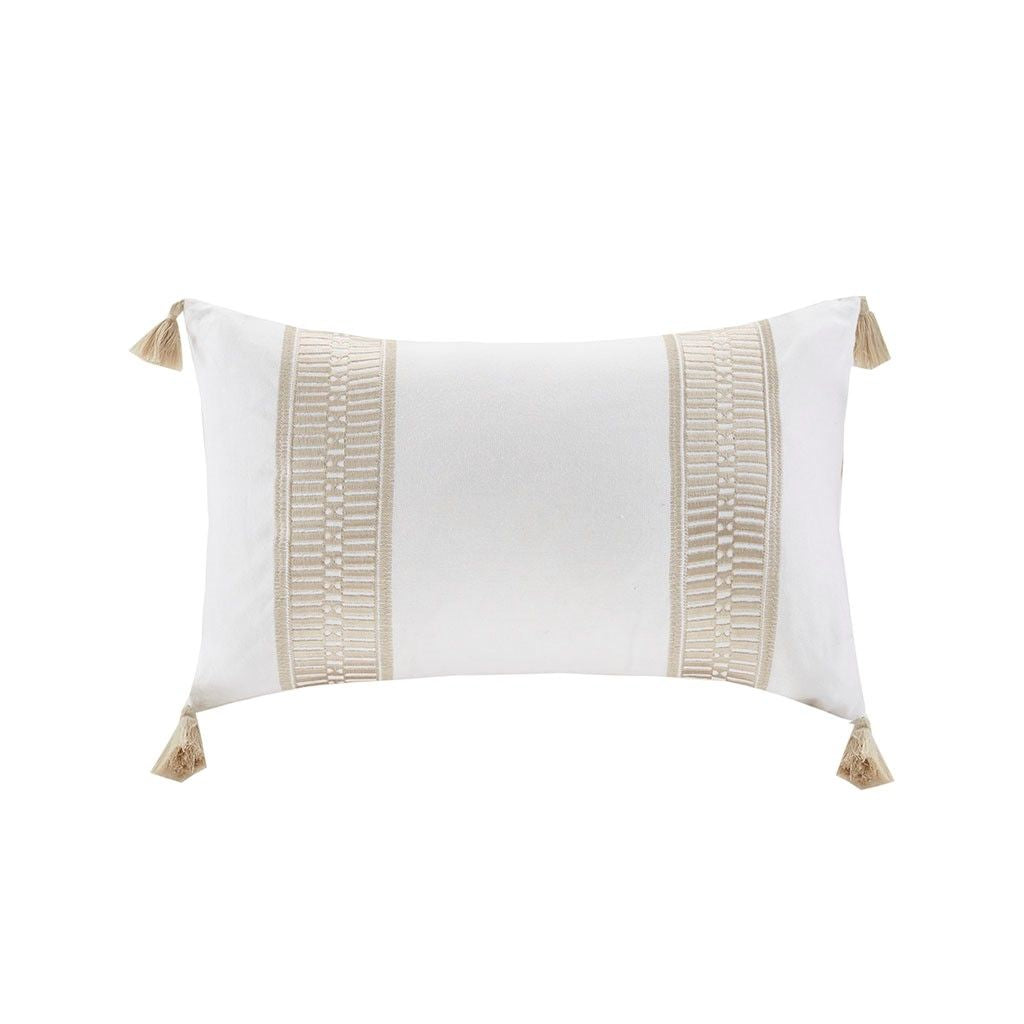 Embroidered Oblong Throw Pillow 12x20" — Taupe Bands, Tassel Corners, view 3