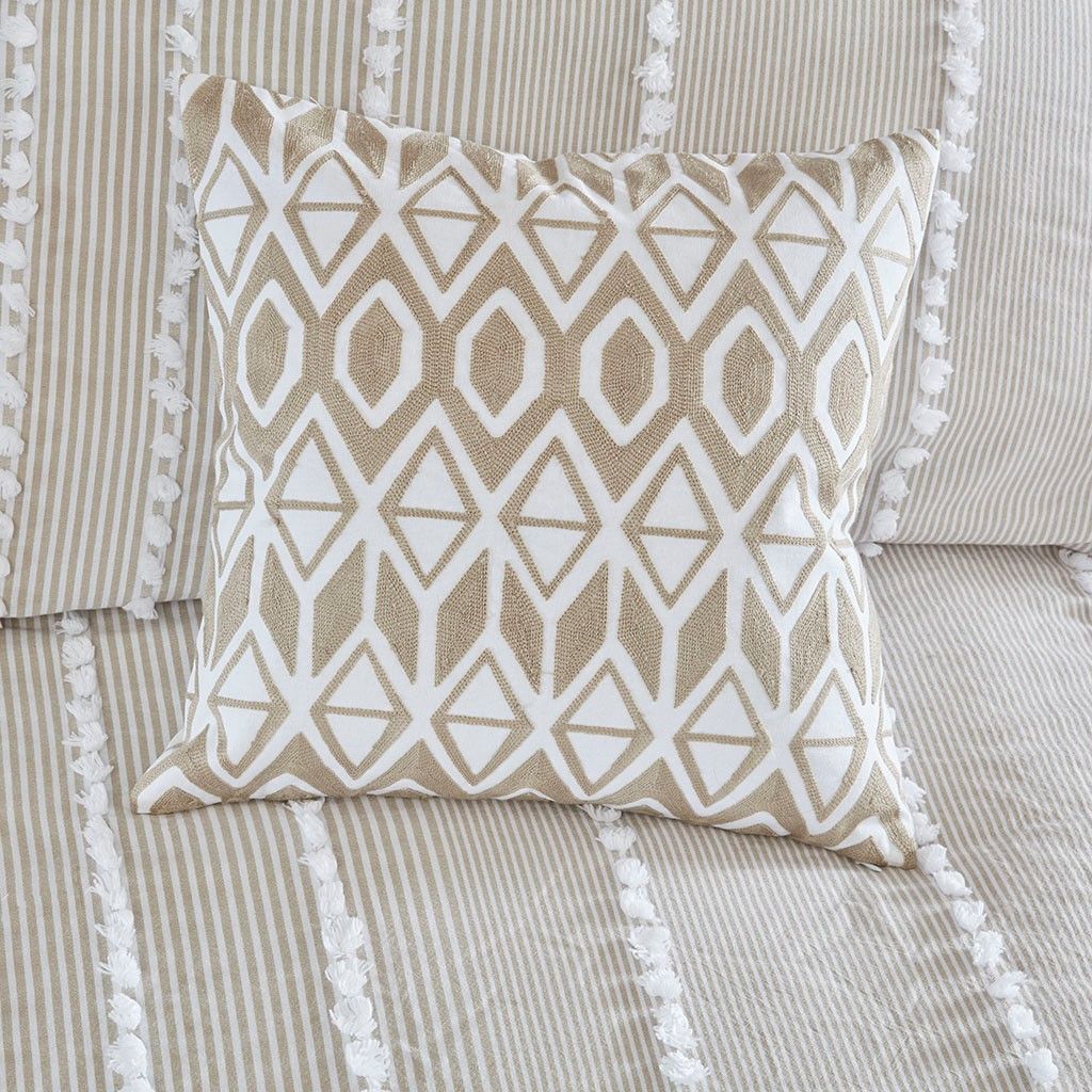 Embroidered Oblong Throw Pillow 12x20" — Taupe Bands, Tassel Corners, view 4