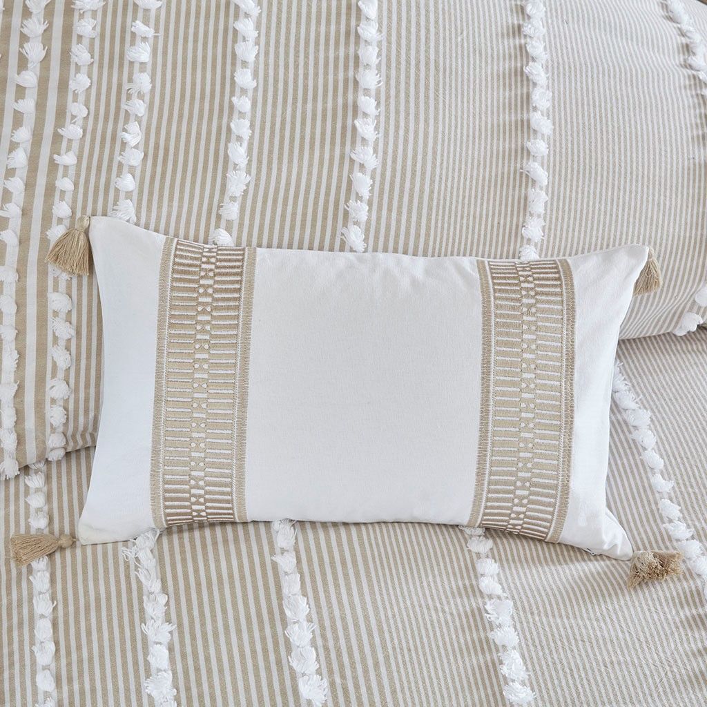 Embroidered Oblong Throw Pillow 12x20" — Taupe Bands, Tassel Corners, view 5