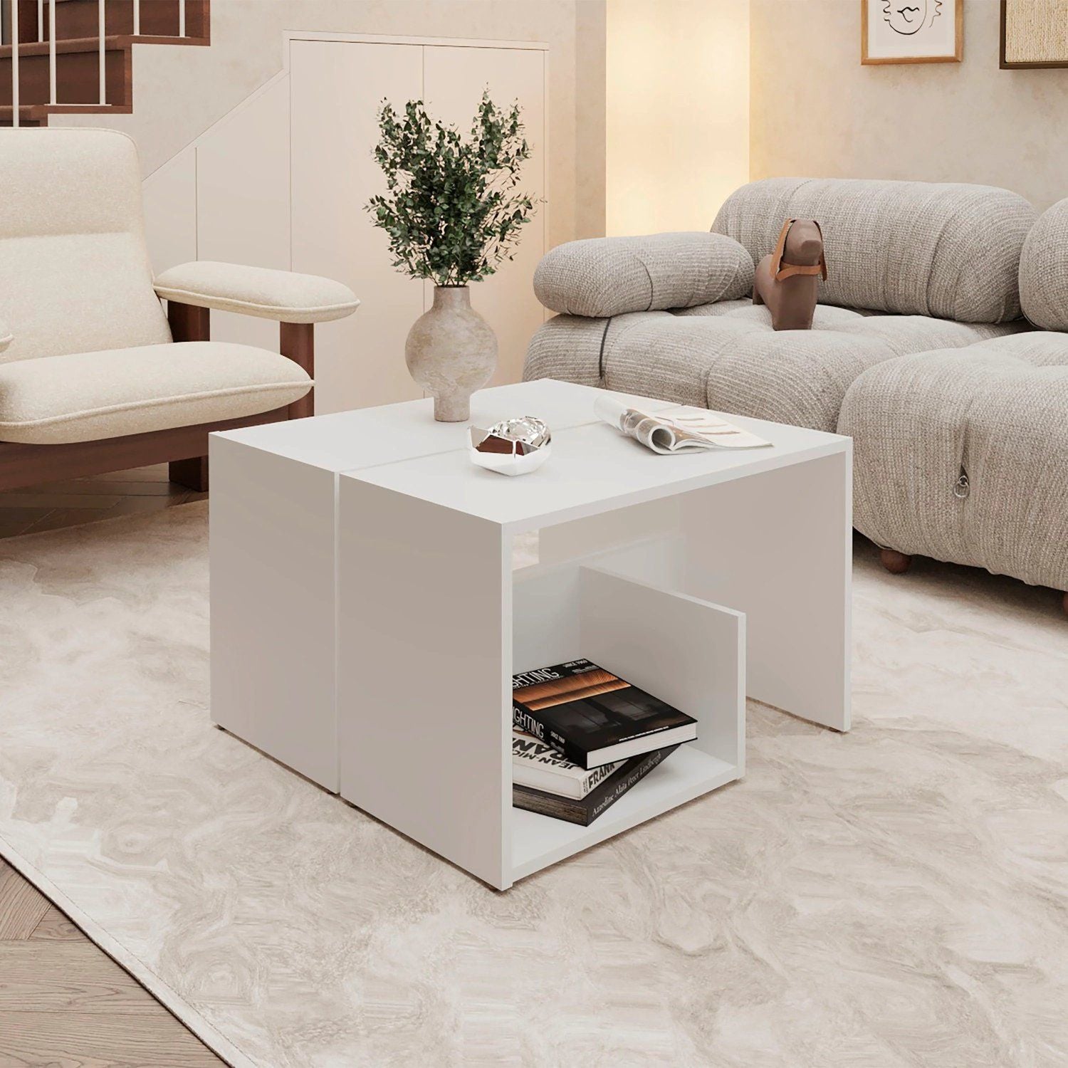 Sculptural White Side Table with Staggered Open Shelving