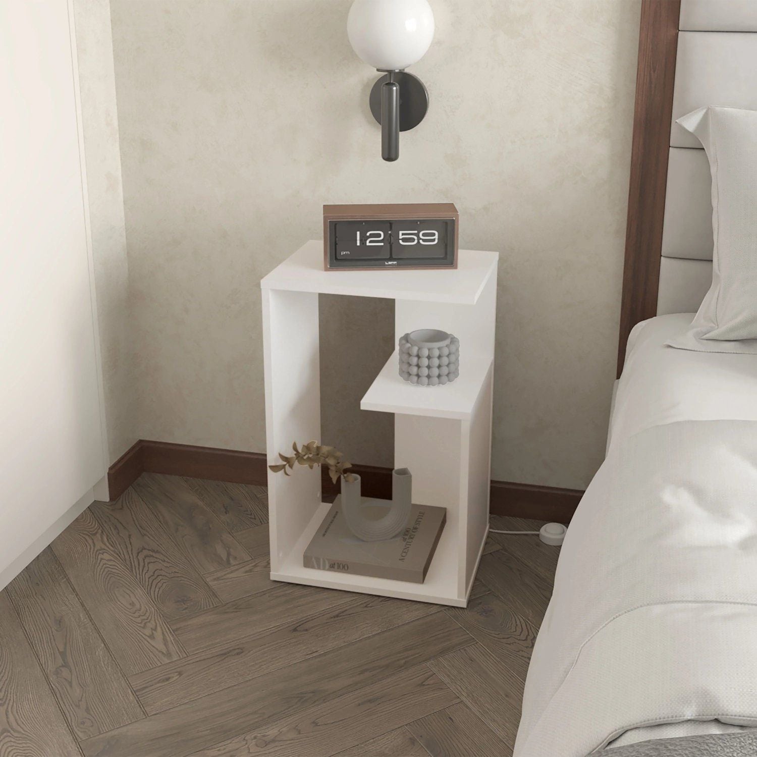 Sculptural White Side Table with Staggered Open Shelving, view 2