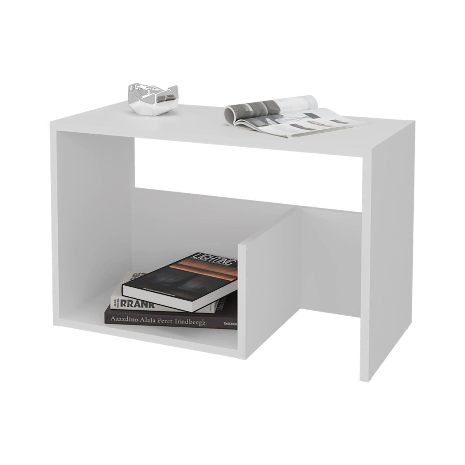 Sculptural White Side Table with Staggered Open Shelving, view 5