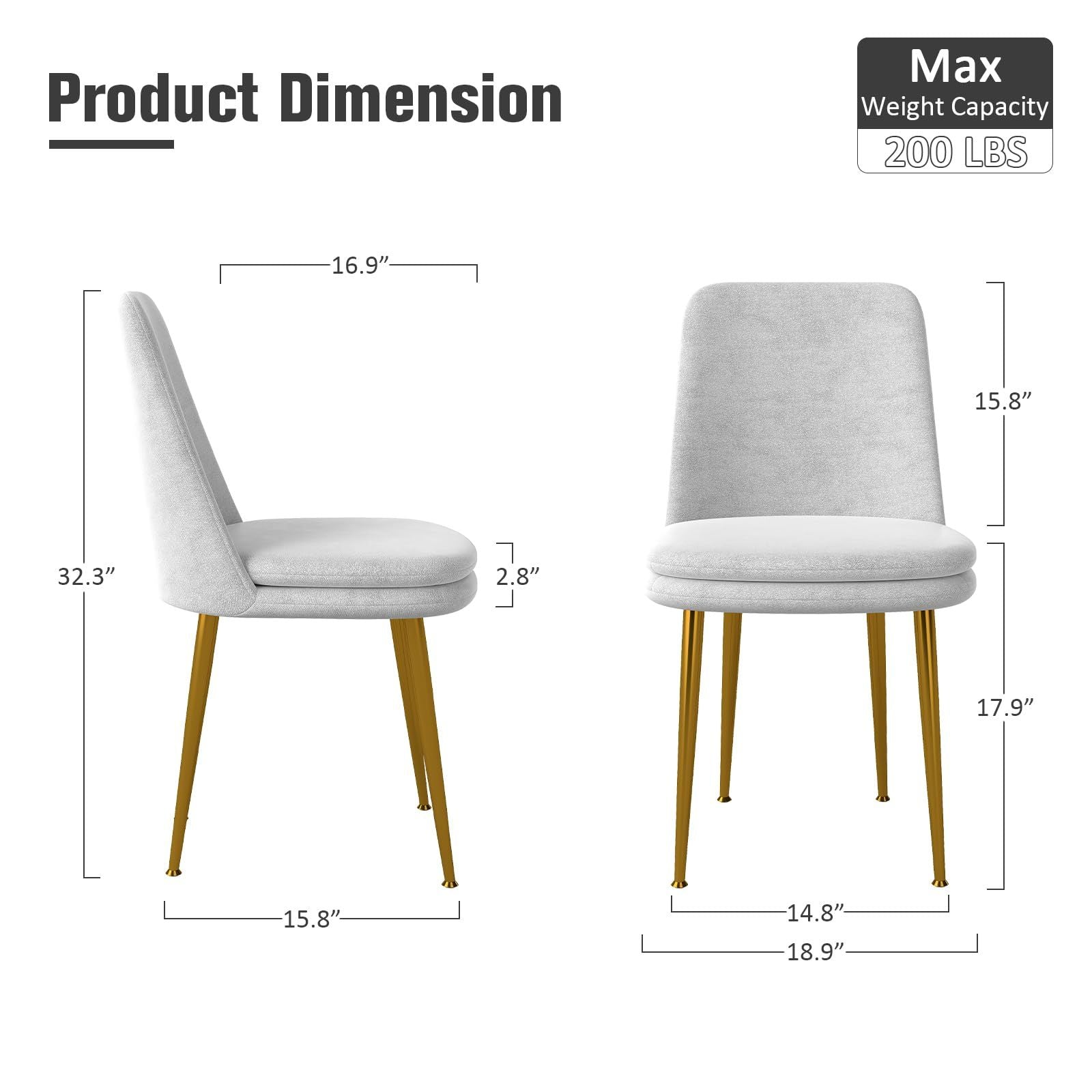 Mid-Century Modern Dining Chairs, Set of 2 — Light Grey Fabric, Gold Legs, view 3
