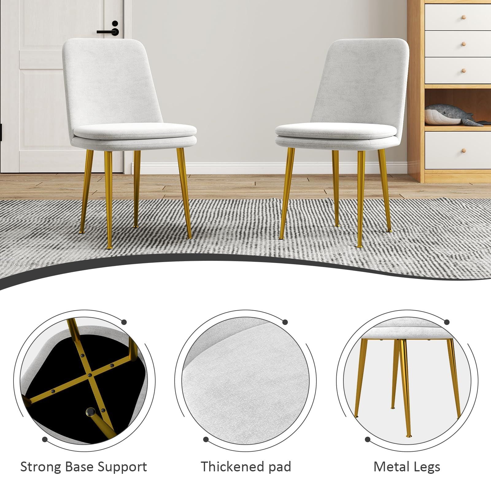Mid-Century Modern Dining Chairs, Set of 2 — Light Grey Fabric, Gold Legs, view 5