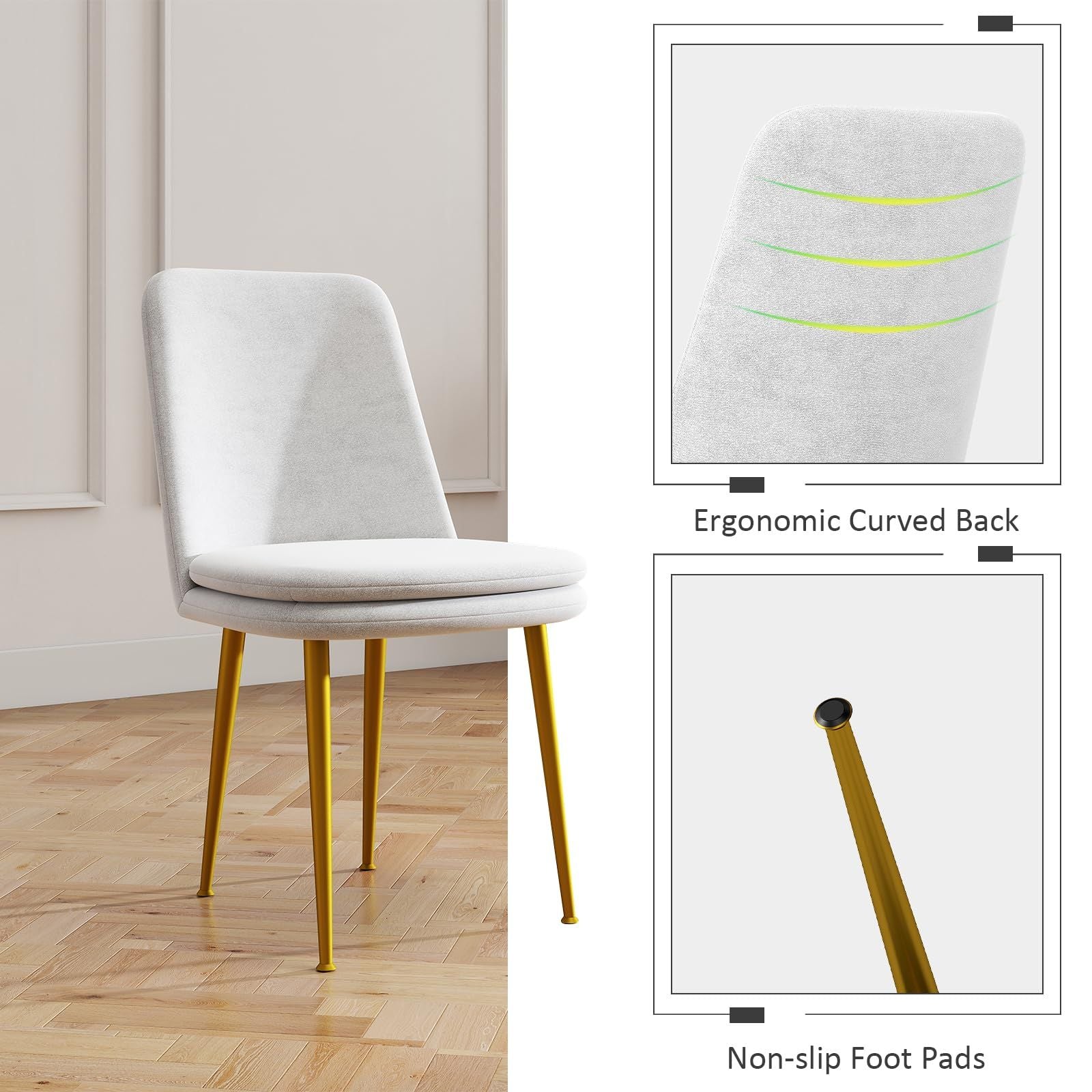 Mid-Century Modern Dining Chairs, Set of 2 — Light Grey Fabric, Gold Legs, view 6