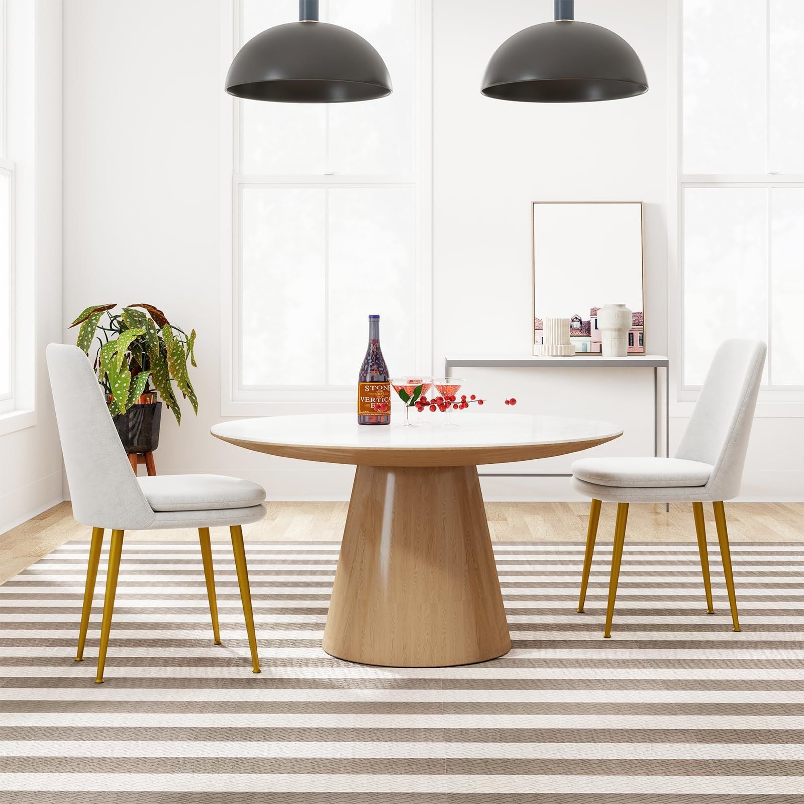 Mid-Century Modern Dining Chairs, Set of 2 — Light Grey Fabric, Gold Legs, view 8