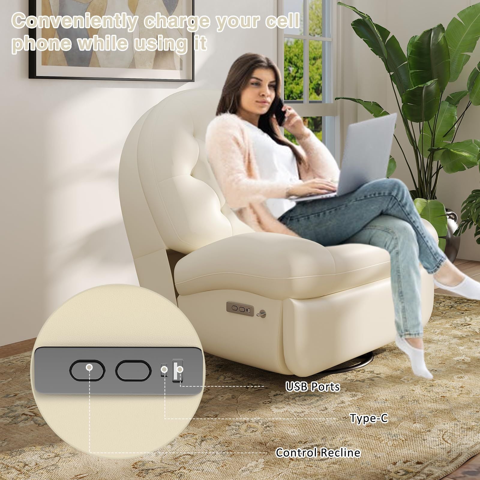Power Swivel Rocker Recliner Chair with USB Ports & Phone Holder, view 6