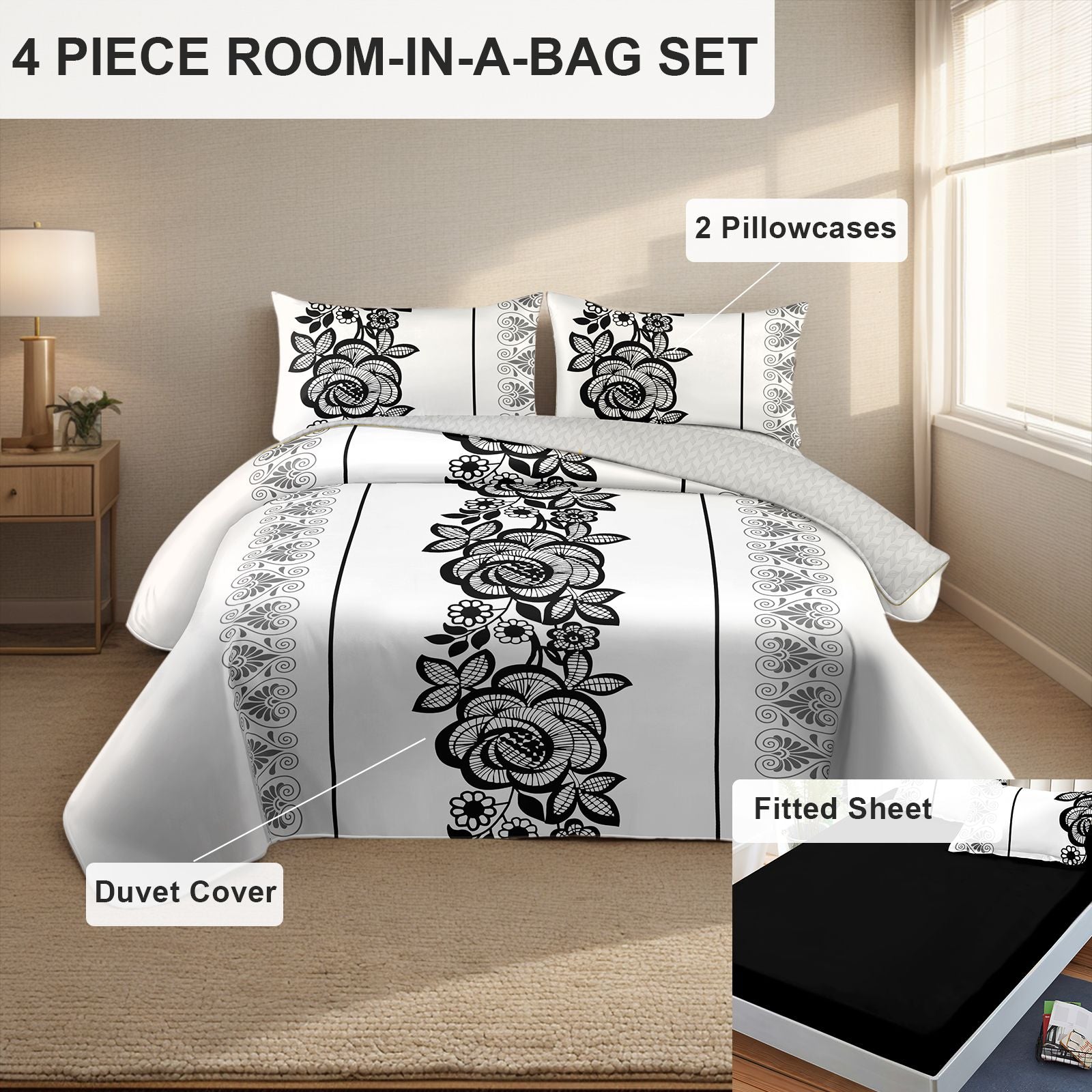 4-Piece Duvet Cover Set — Black & White Floral, Duvet, Fitted Sheet, 2 Shams