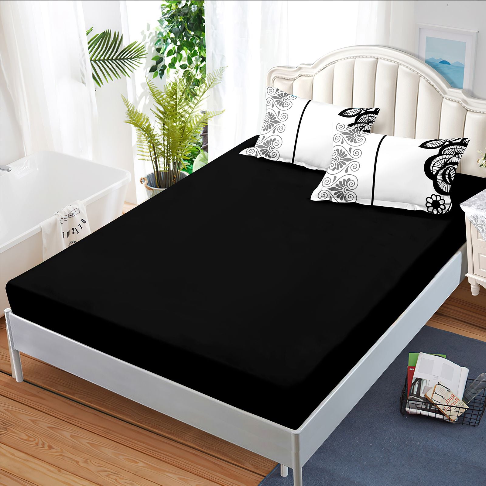4-Piece Duvet Cover Set — Black & White Floral, Duvet, Fitted Sheet, 2 Shams, view 4