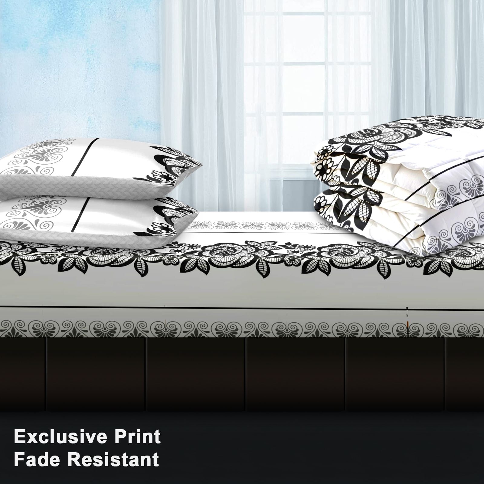 4-Piece Duvet Cover Set — Black & White Floral, Duvet, Fitted Sheet, 2 Shams, view 5