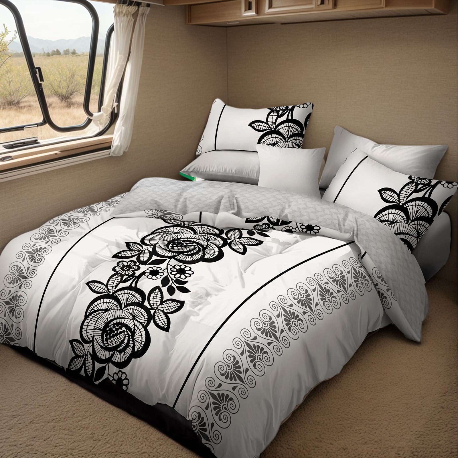 4-Piece Duvet Cover Set — Black & White Floral, Duvet, Fitted Sheet, 2 Shams, view 6