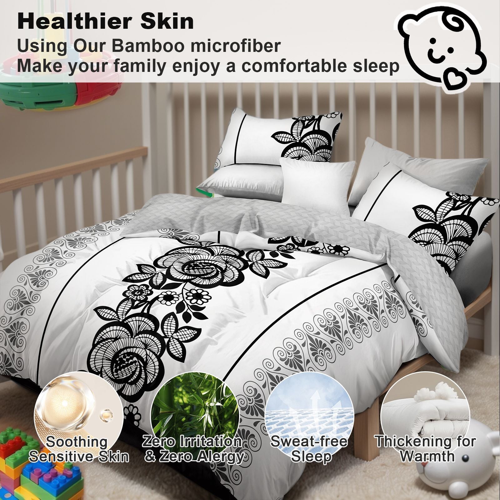 4-Piece Duvet Cover Set — Black & White Floral, Duvet, Fitted Sheet, 2 Shams, view 7