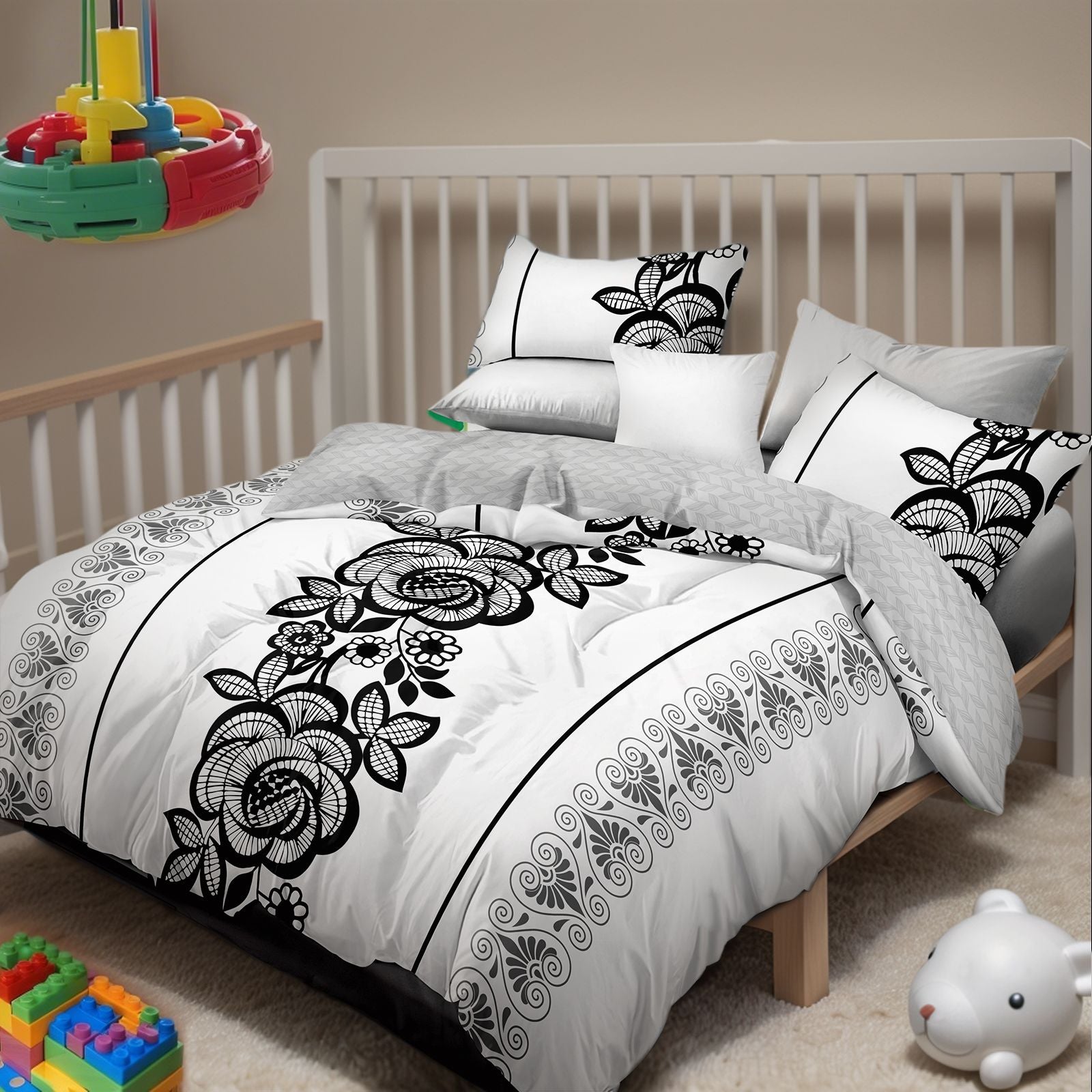 4-Piece Duvet Cover Set — Black & White Floral, Duvet, Fitted Sheet, 2 Shams, view 8
