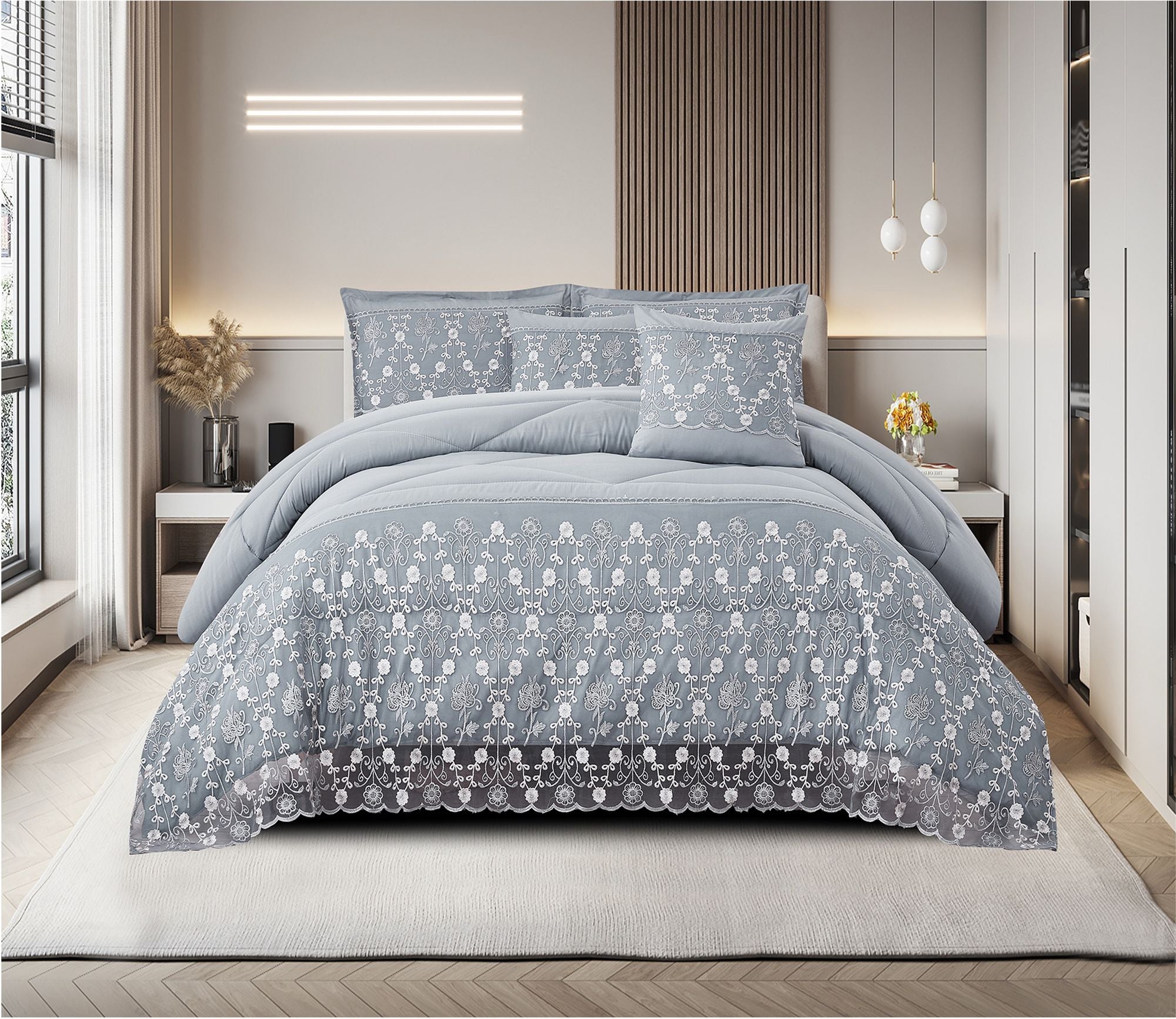 Lace Embroidered Quilted Comforter Set, 3-Piece with Pillow Shams