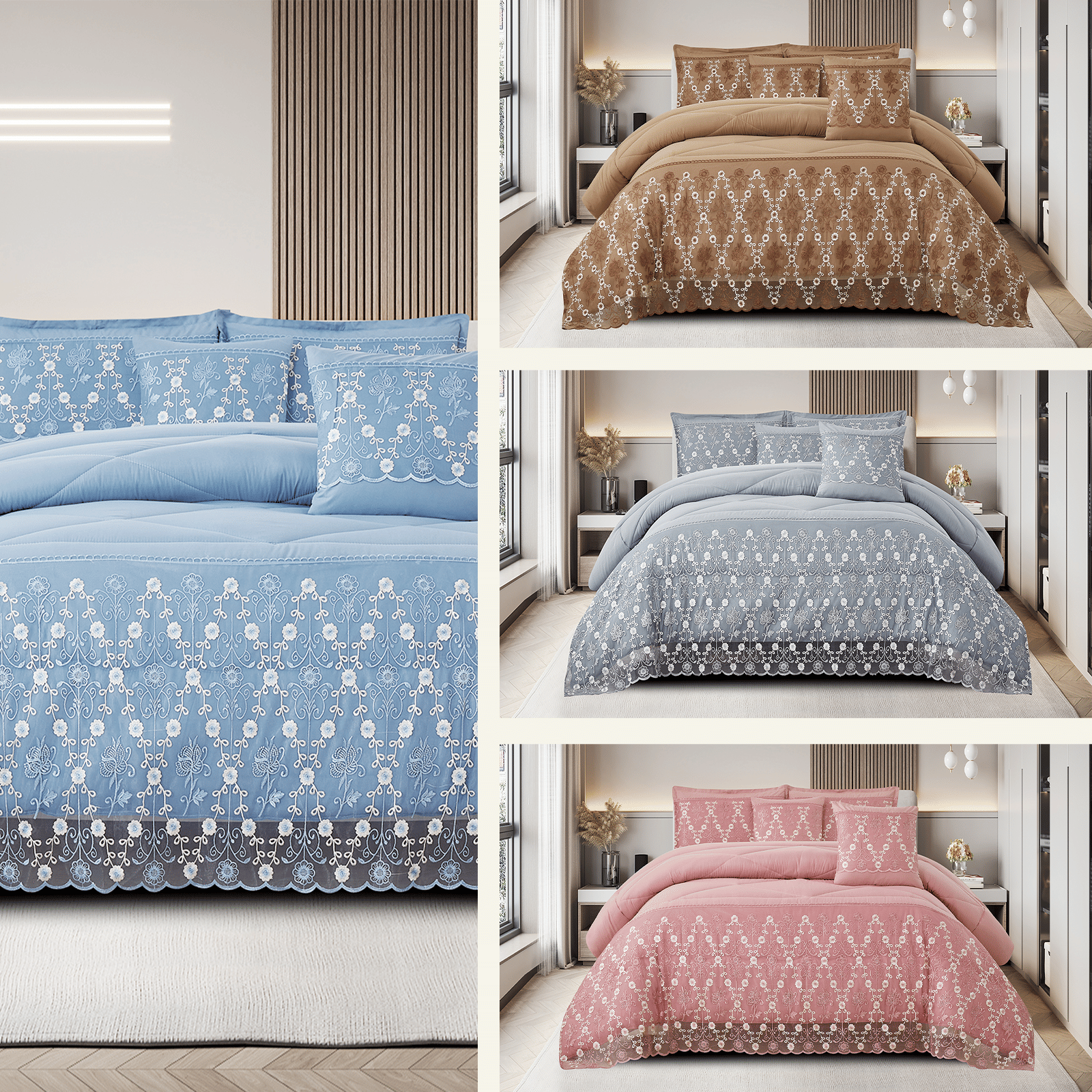 Lace Embroidered Quilted Comforter Set, 3-Piece with Pillow Shams, view 6