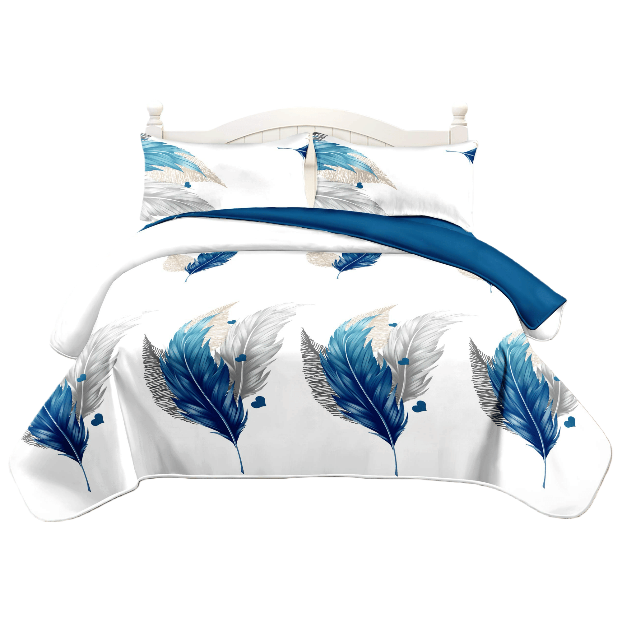 Reversible Blue Feather Quilt Set - 3-Piece Bedspread & Shams