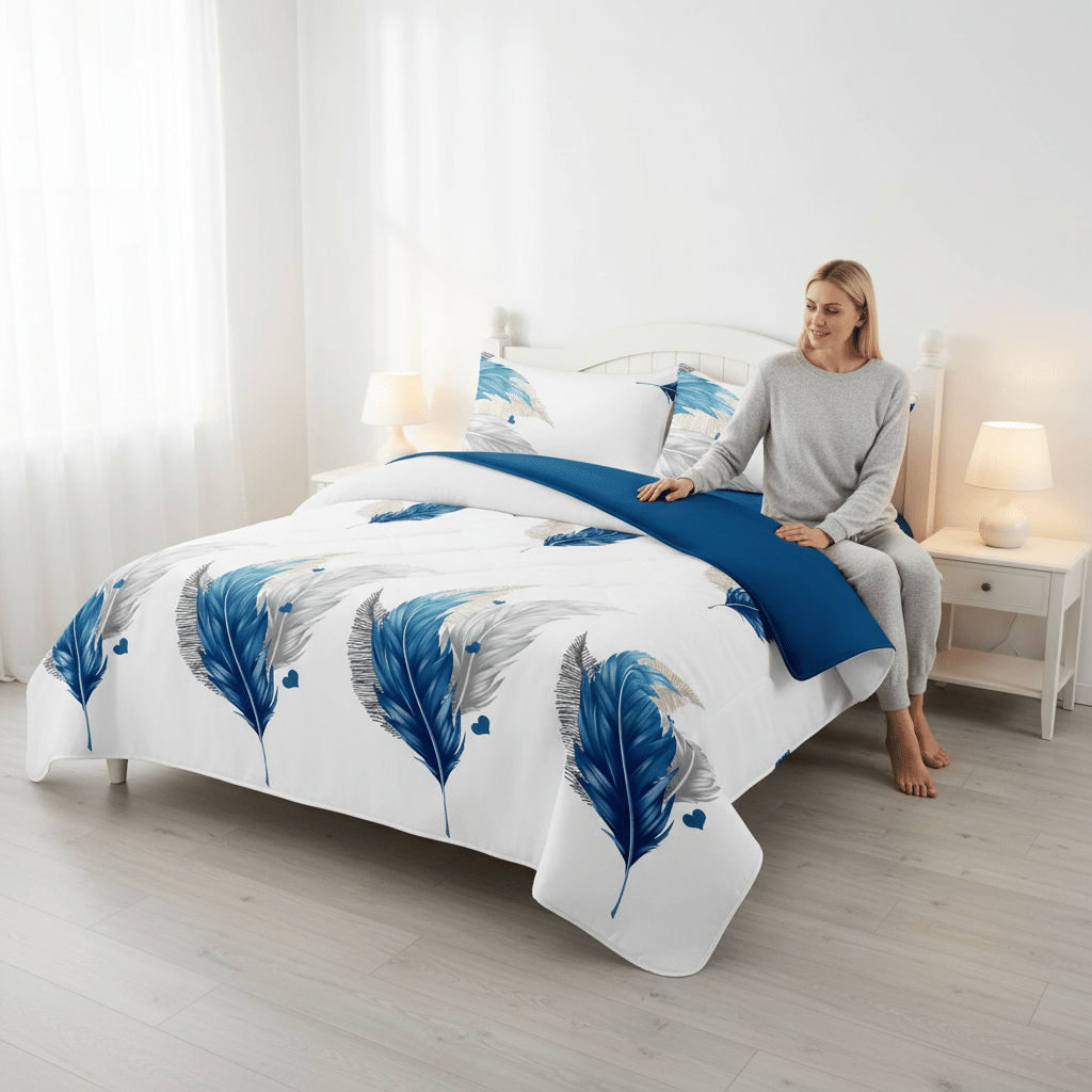 Reversible Blue Feather Quilt Set - 3-Piece Bedspread & Shams, view 5