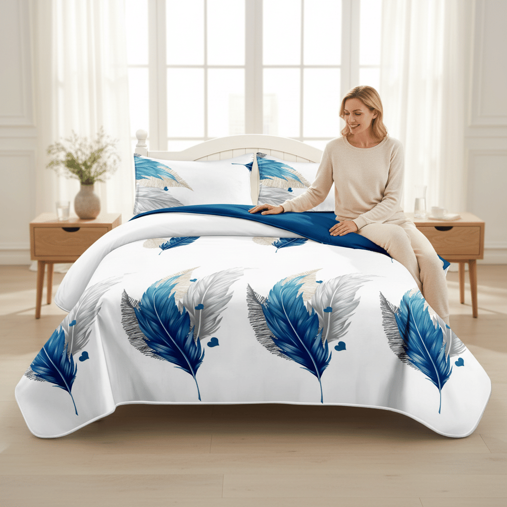 Reversible Blue Feather Quilt Set - 3-Piece Bedspread & Shams, view 6