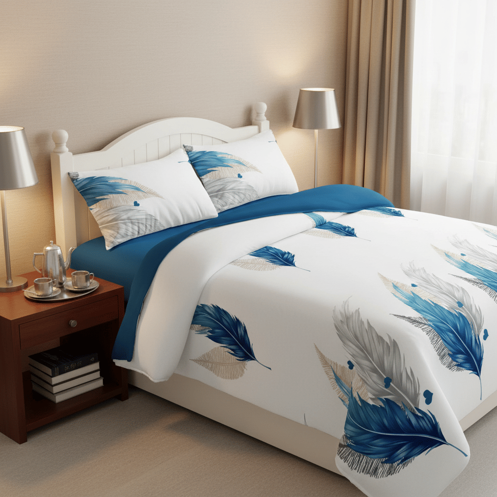 Reversible Blue Feather Quilt Set - 3-Piece Bedspread & Shams, view 7