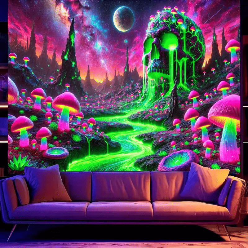 Trippy Mushroom Skull Tapestry - Fluorescent Galaxy Wall Hanging