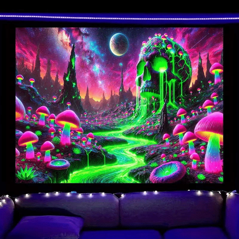 Trippy Mushroom Skull Tapestry - Fluorescent Galaxy Wall Hanging, view 7
