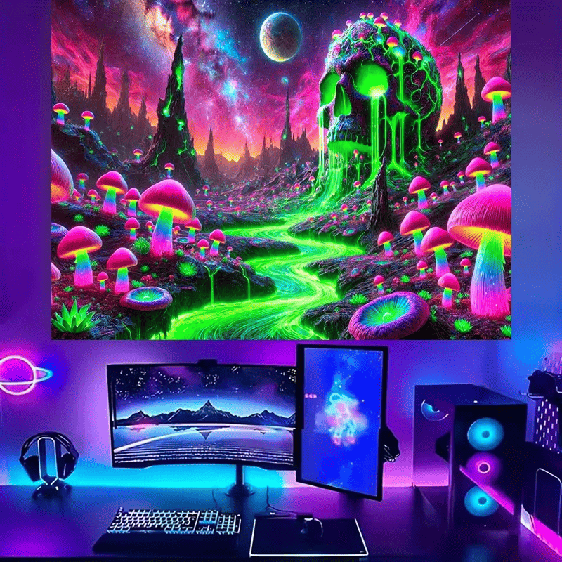 Trippy Mushroom Skull Tapestry - Fluorescent Galaxy Wall Hanging, view 8