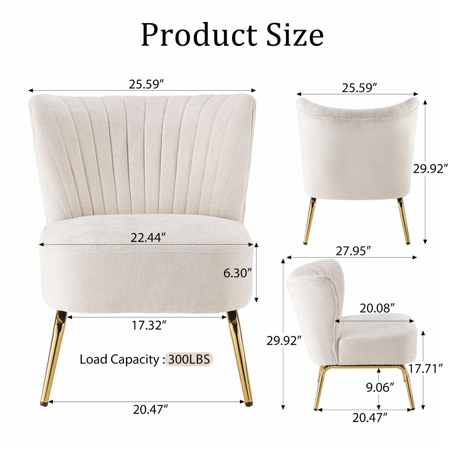 Channel Tufted Accent Chair with Gold Metal Legs, Armless Compact Seat