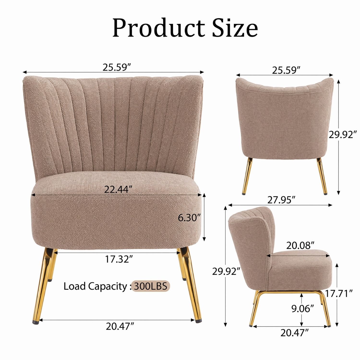 Channel Tufted Accent Chair with Gold Metal Legs, Armless Compact Seat, view 3